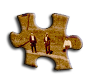 Old photo showing two men, image in the shape of a common puzzle piece