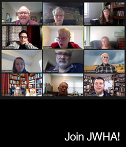 Join JWHA! with photos of a group of people during a video conference